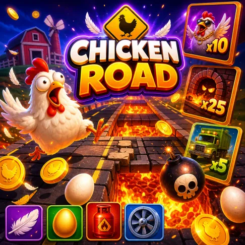 Colorful 1024x1024 promo image for Chicken Road slot. Features whimsical chickens, road lanes, and playful crash-game energy.
