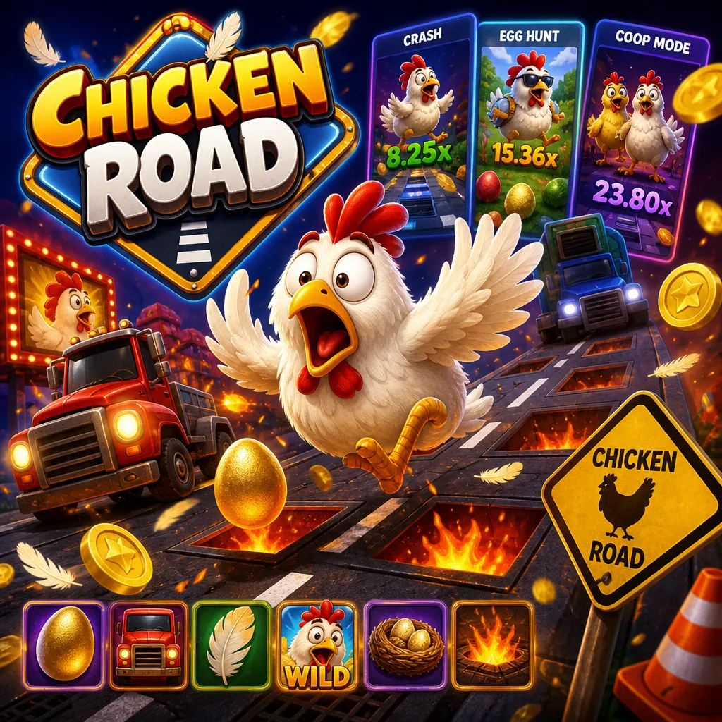 Square promotional image for Chicken Road slot featuring a funny cartoon chicken on a busy road with coins and feathers.